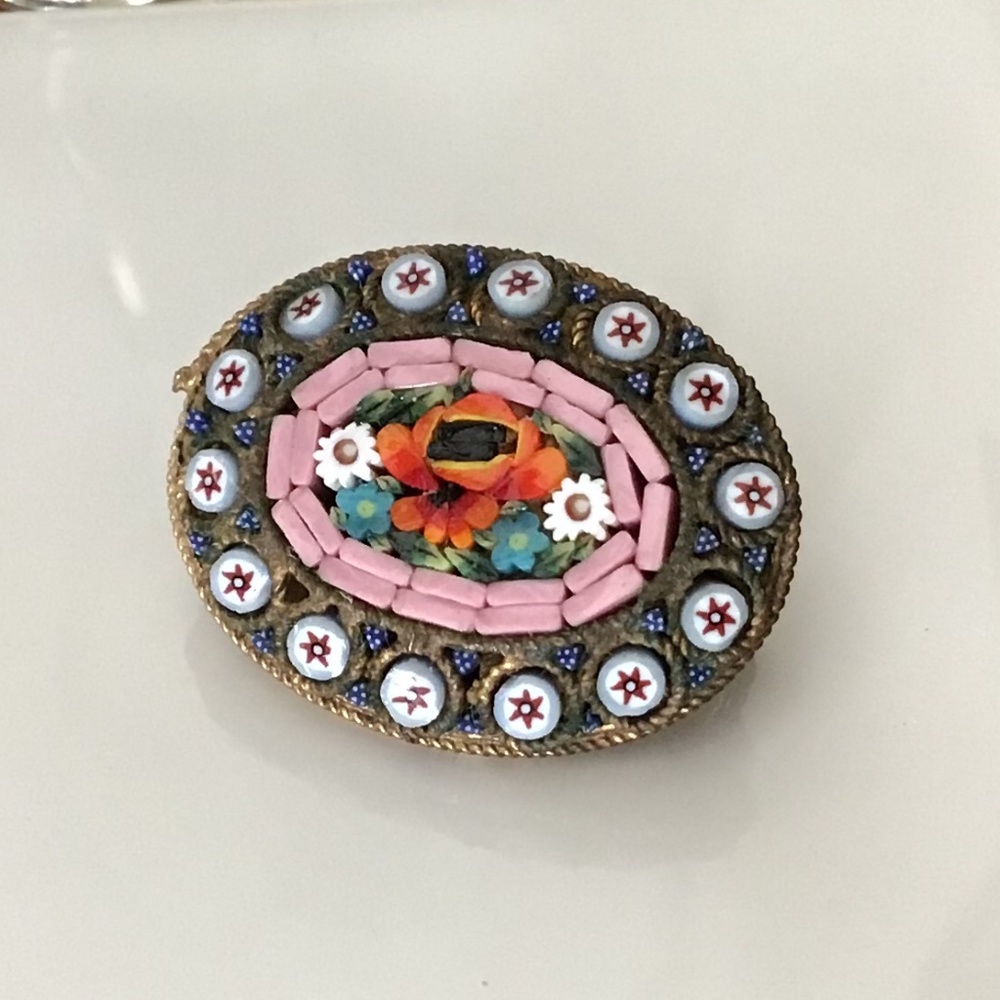 Vintage Floral Mosaic Brooch Pin Antique Jewelry